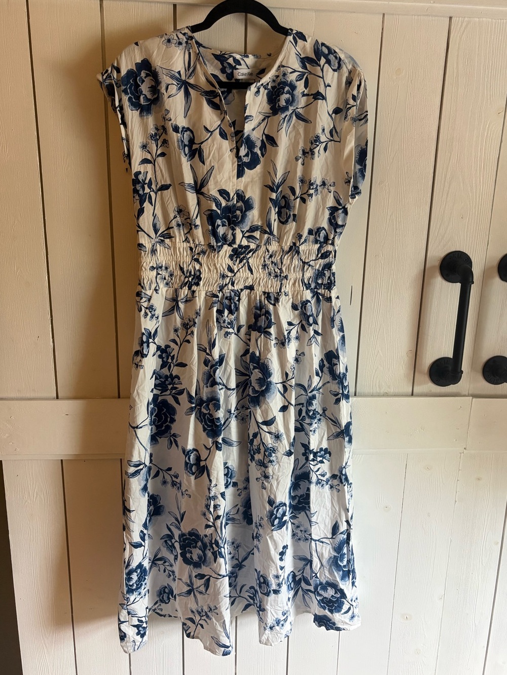 Calvin Klein White Midi Dress with Blue Floral Print